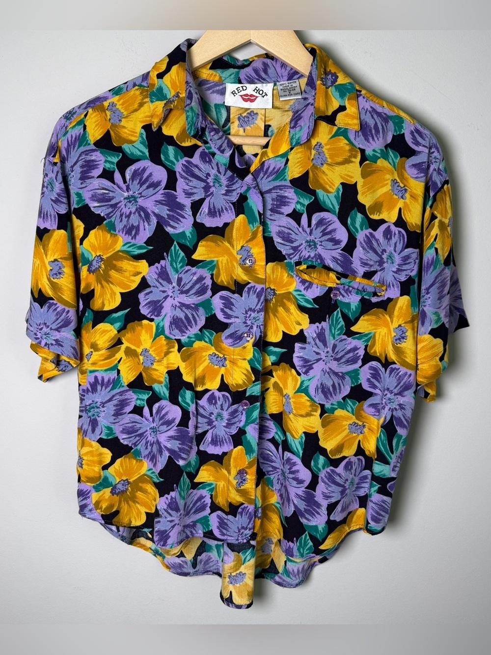 VTG 90s Red Hot Rayon Floral Button Down Shirt Black Purple Yellow Size S Retro